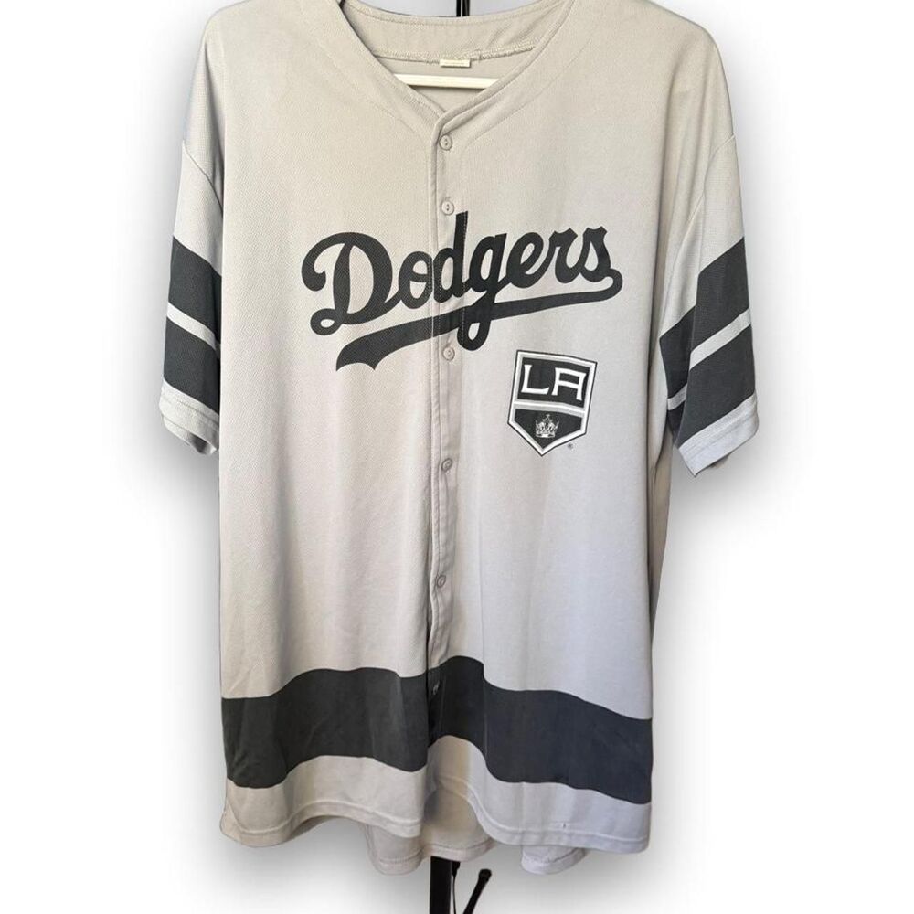 LA Dodgers LA Kings Crossover Hockey Jersey Gray Black Button Front Men’s XL